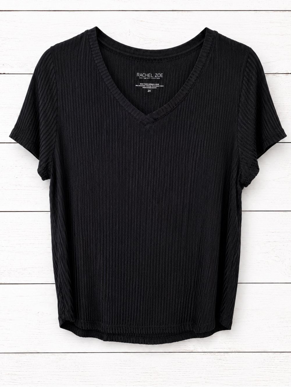 Rachel Zoe Black Ribbed V-Neck Short Sleeve Tee